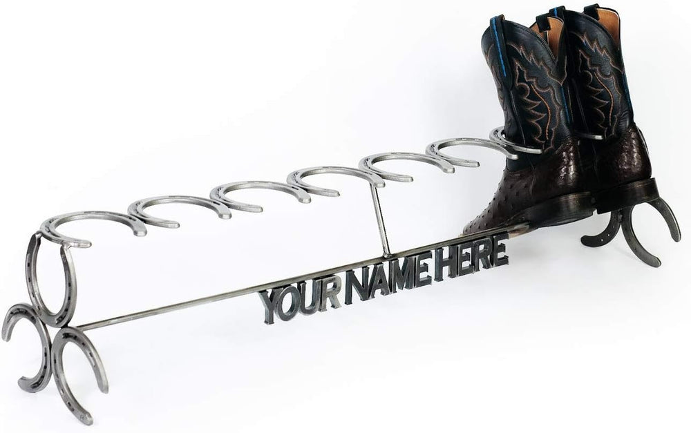 Rustic Custom Name Horseshoe Boot Rack - The Heritage Forge
