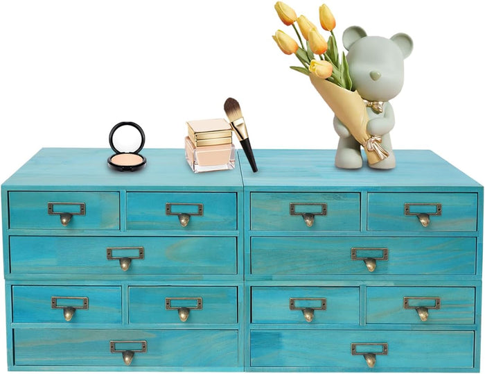 4 Pcs Vintage Desktop Organizer Set, Wooden 12 Drawer Storage Cabinets with Metal Handles & Label Slots, Stackable Apothecary Chest for Office, Herb, Tea, Jewelry and Stationery Organization (Blue)