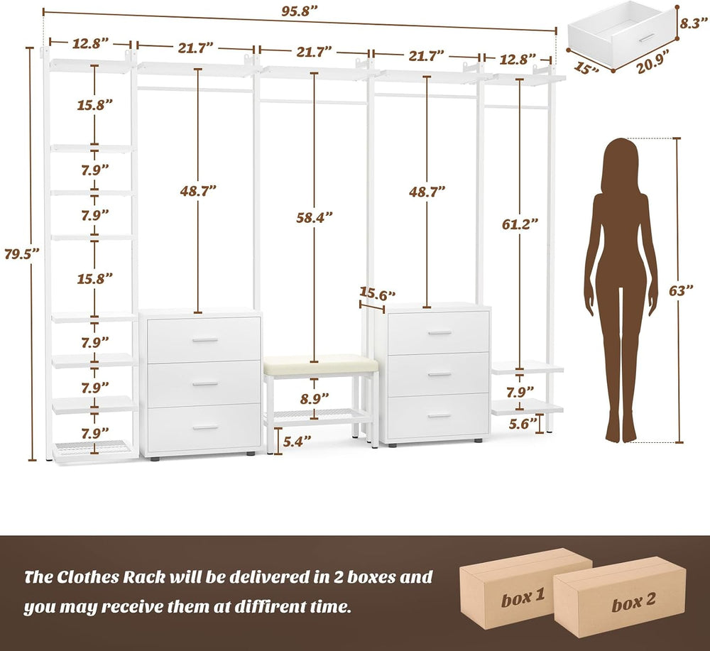 Aheaplus Closet System with 6 Drawers, 8FT Wood Closet Organizer, White