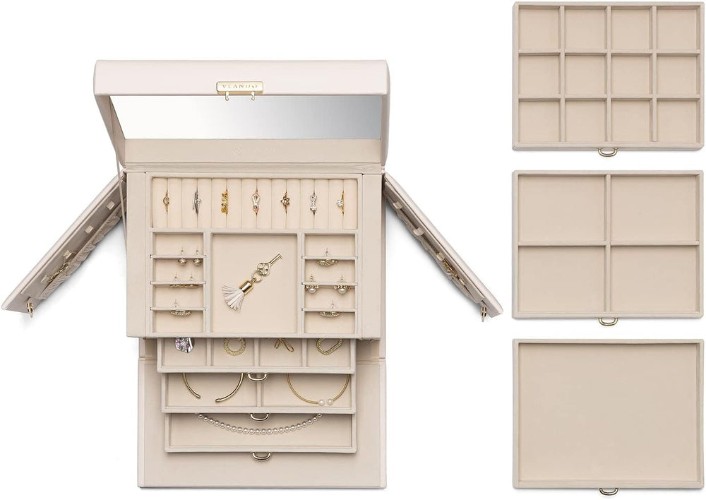 VLANDO Lockable Mirrored Jewelry Box Organizer, Beige