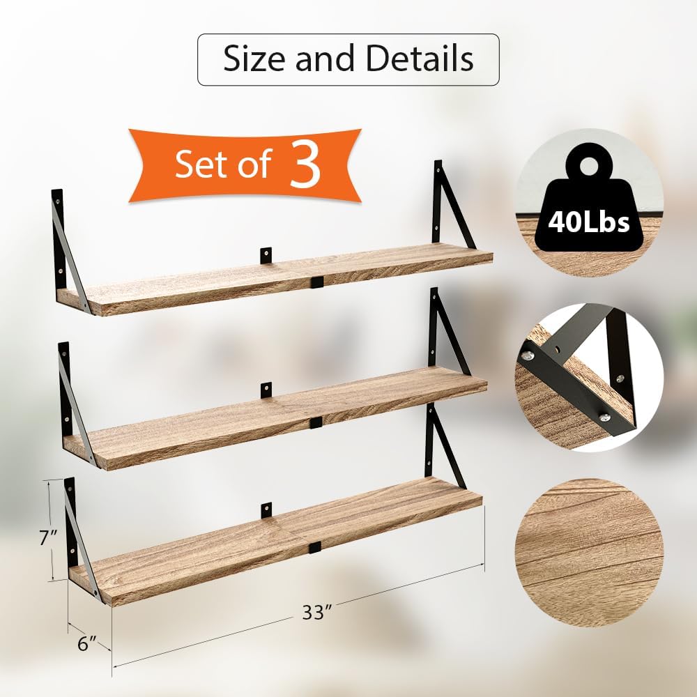Floating Book Shelves Set of 3, Wall Bookshelf, 33 inch Long Wood Shelf for W...
