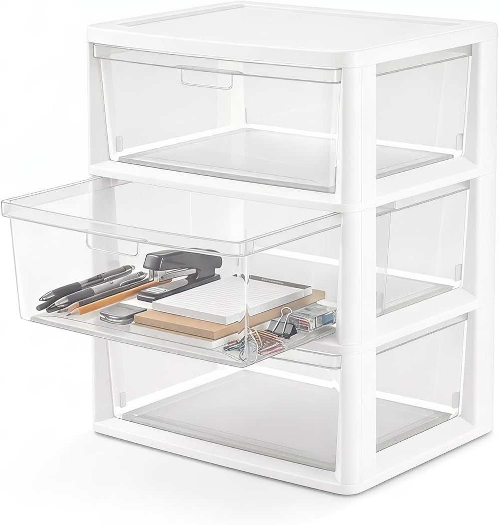 Wide 3 Drawer White Plastic Storage Tower with Clear Removable Bins