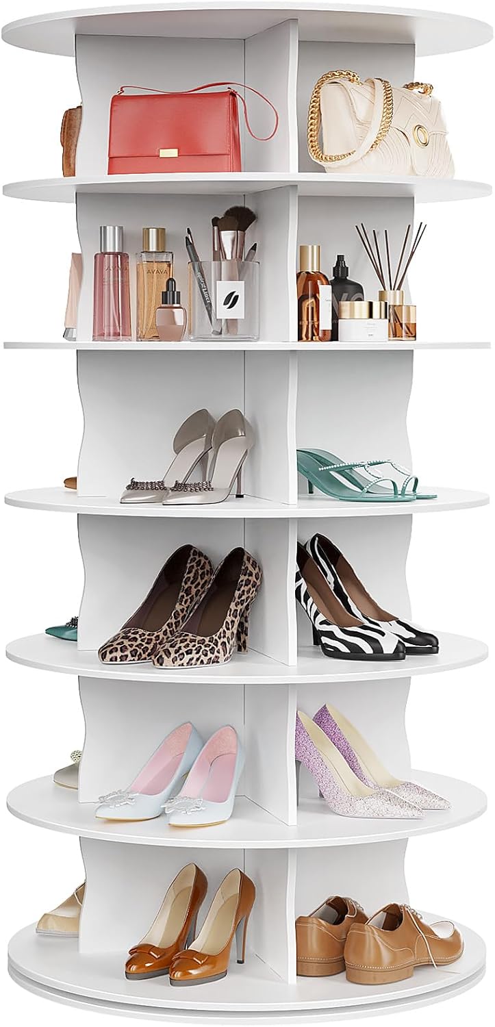 6-Tier Rotating Standing Shelf with Divider Shoe Rack Tower, White