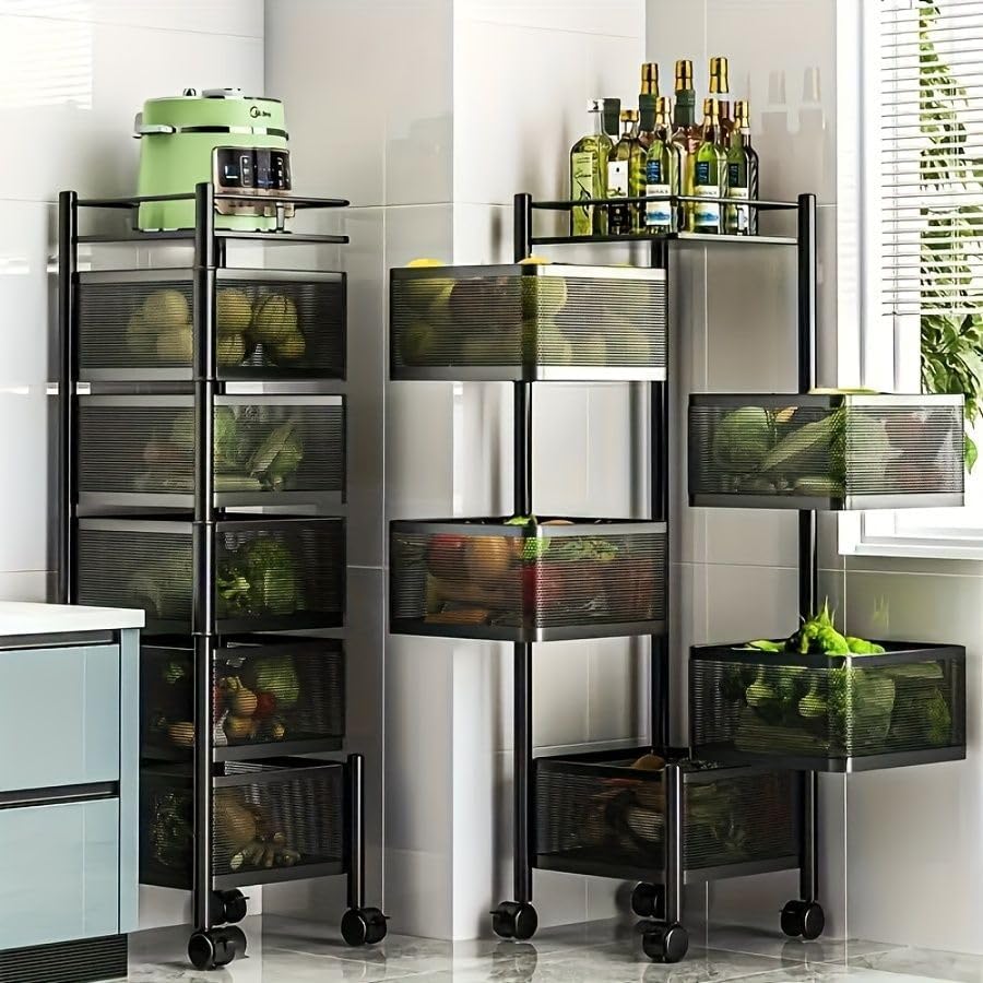 5-Tier Rotating Kitchen Storage Shelf Metal Multi-Layer Vegetable Fruit Baske...