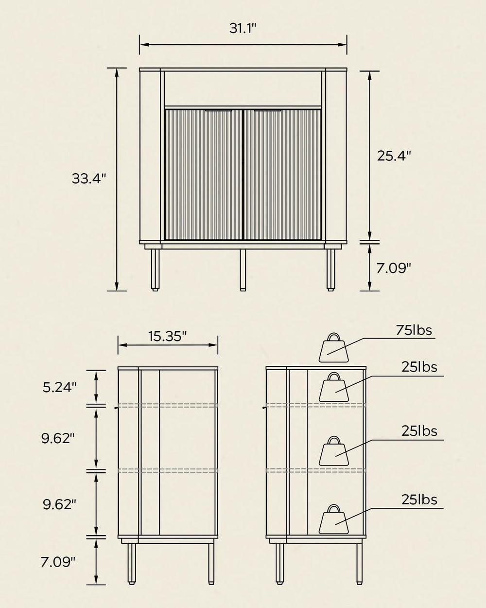 Fluted Corner Cabinet with Storage, Modern Floor Cabinets with Adjustable She...