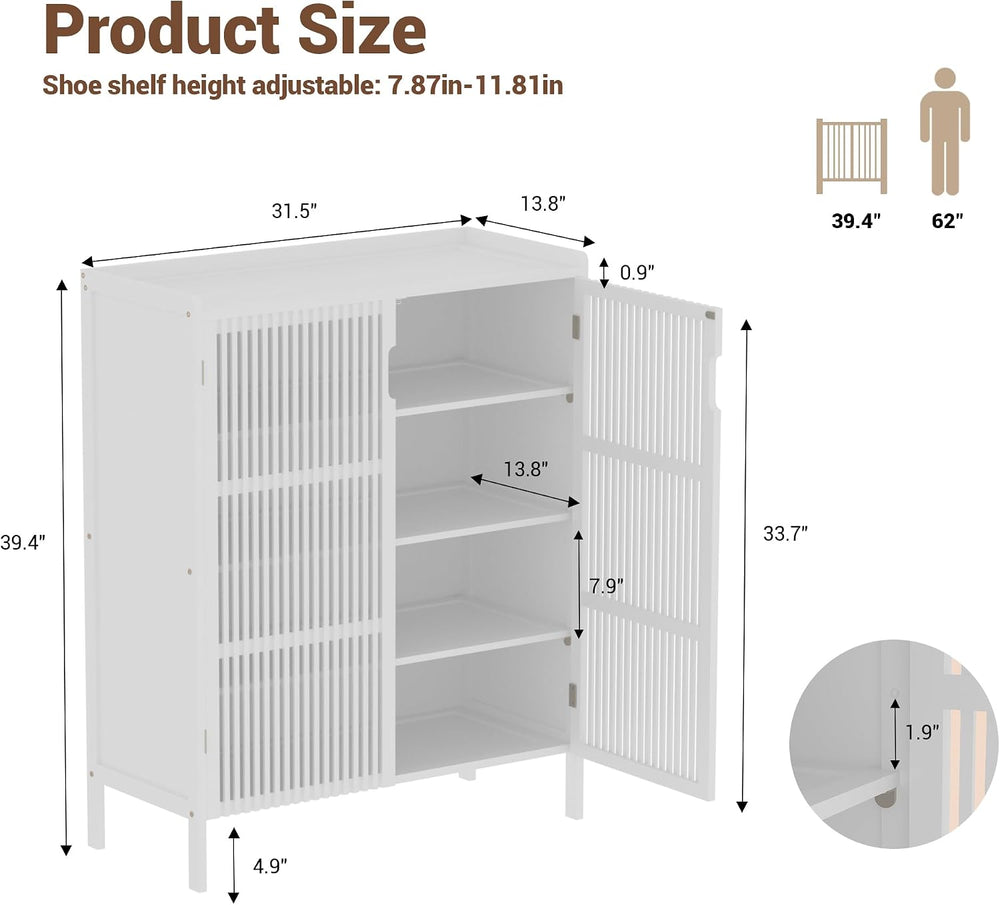 Shoe Cabinet, 20 Pair Farmhouse Shoe Organizer Cabinet, Freestanding Bamboo W...