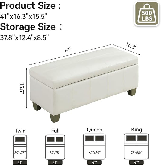 41" Faux Leather Storage Ottoman, Stitch Tufted Rectangle Upholstered End of - Image 2
