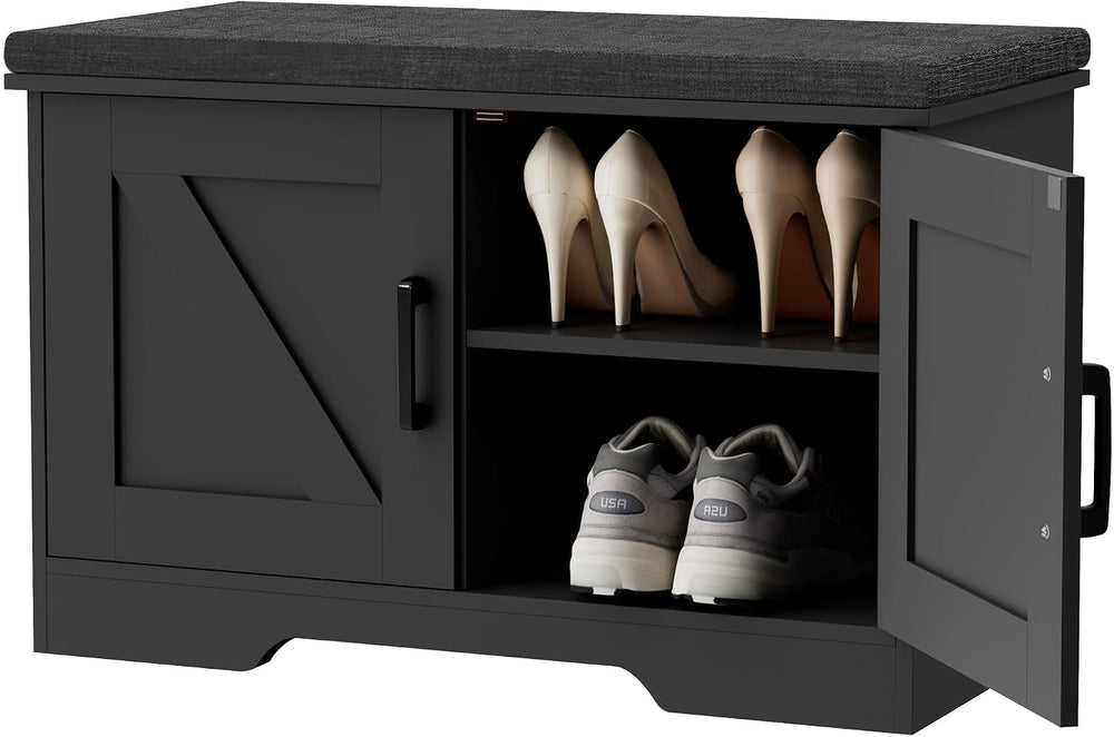 HOMSHO Farmhouse Shoe Storage Bench with 2 Barn Doors & Padded Seat Cushion