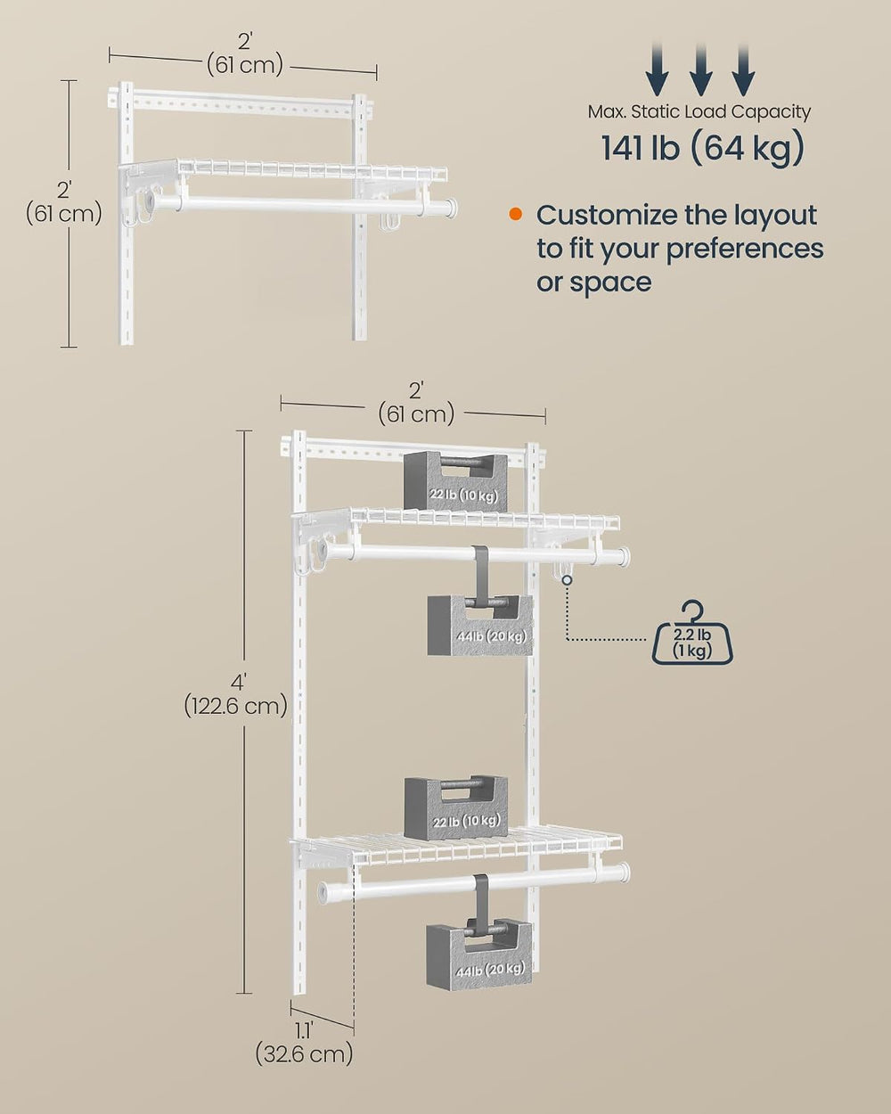 SONGMICS HOME Closet System, Closet Insert Organizer, 2-4 ft Closet Shelves
