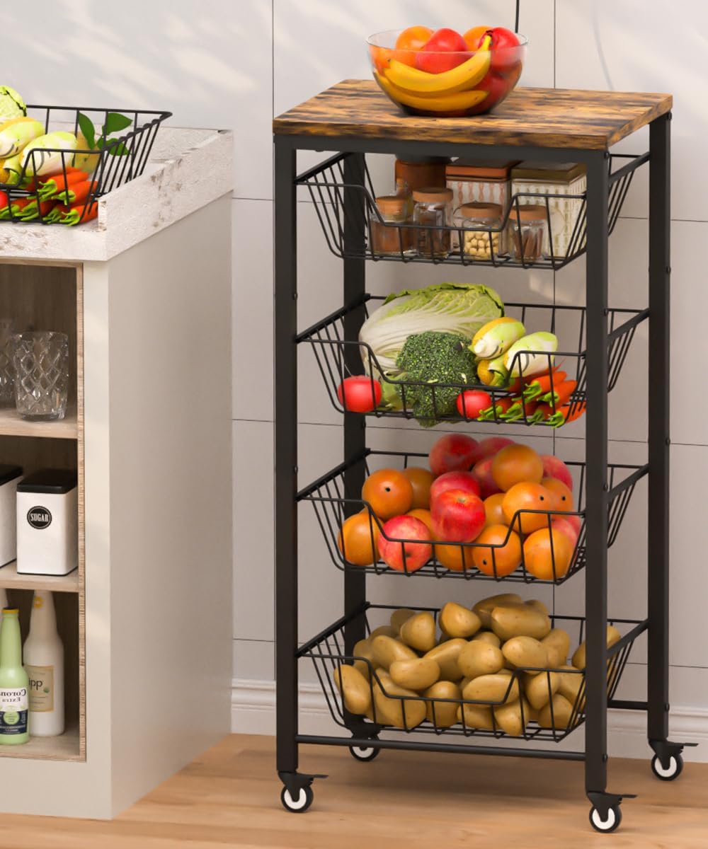 Fruit Vegetable Storage Cart for Kitchen, 5-Tier Vegetable Stand Rack with Pu...