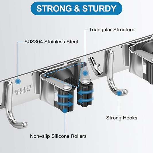 IMILLET 2 Broom Holder Wall Mounted, Stainless Steel Broom Mop Holder Self - Image 2