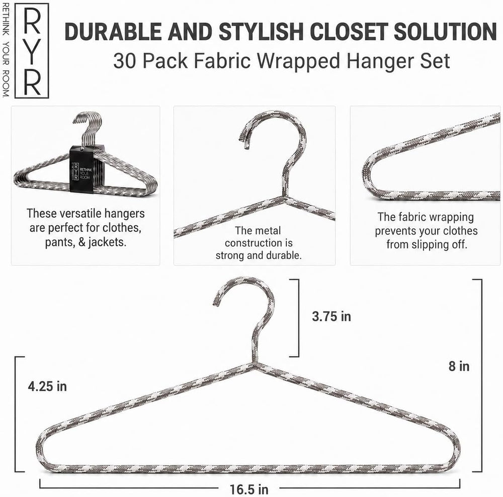Clothes Hangers 30 Pack – Space Saving Fabric & Metal Hangers, Non-Slip P...