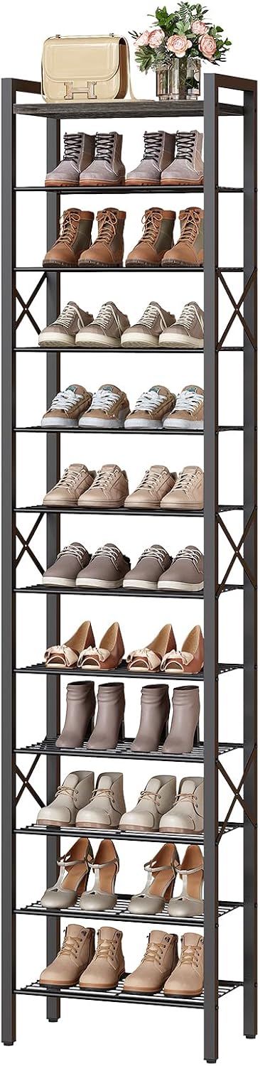 YATINEY 12-Tier Narrow Shoe Rack, Tall Shoe Rack for 12-24 Pairs, Slim Shoe S...