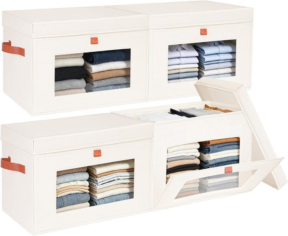 Fabric Storage Bins with Lids, 37 Qt, 4 Pack, Beige