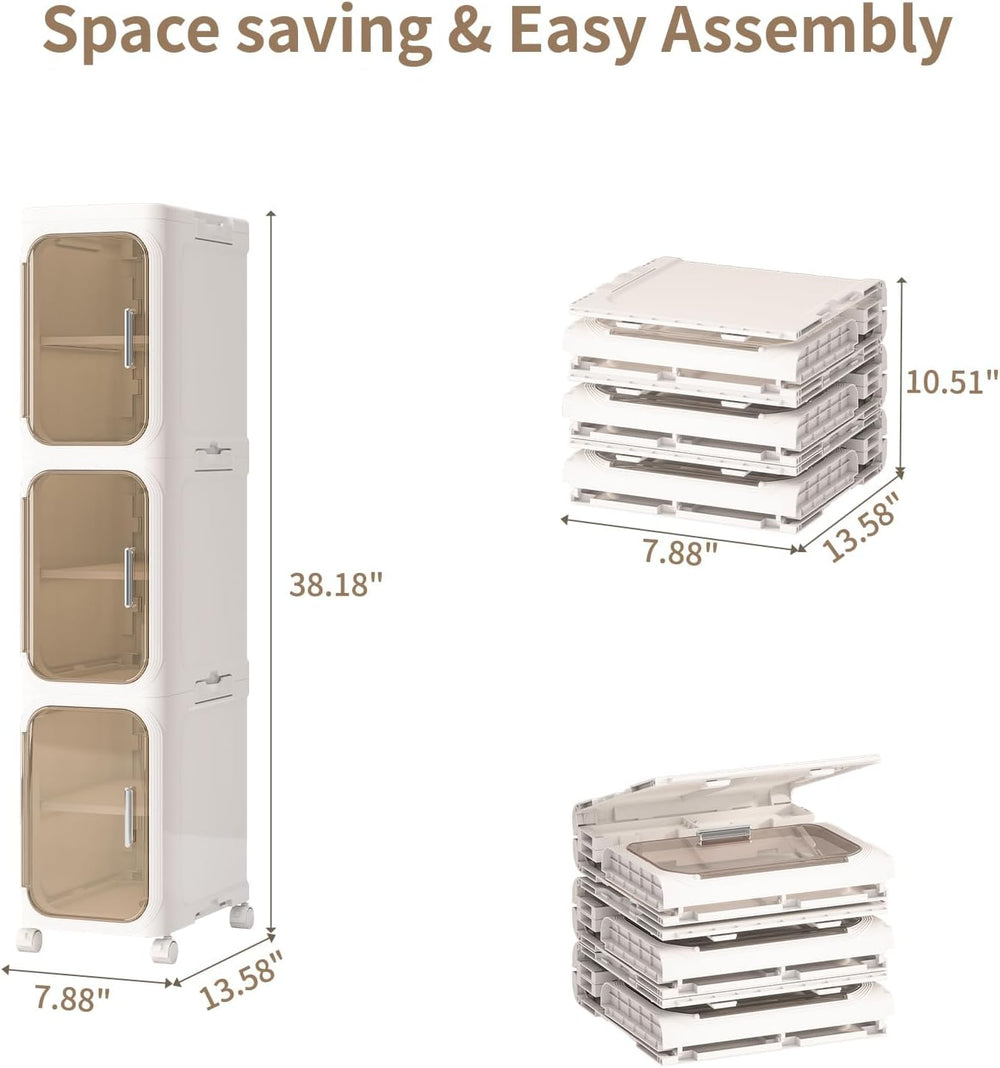 3 Tier Slim Bathroom Storage Cabinet, Foldable and Movable, Beige