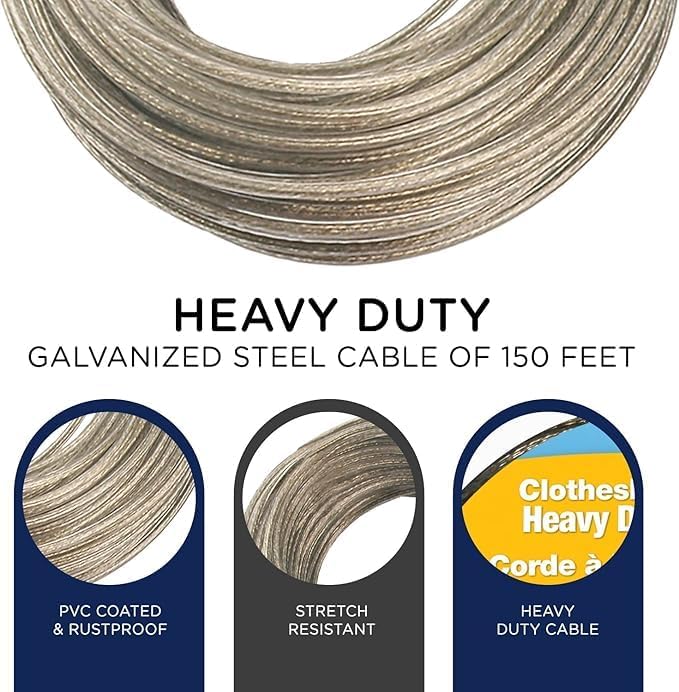 Strata 150 Feet Clothesline Outdoor Heavy Duty Galvanized Wire Steel Cable, G...