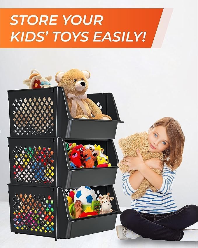 Large Stackable Storage Bins Open Front for Pantry Storage, 6 Pack - Black