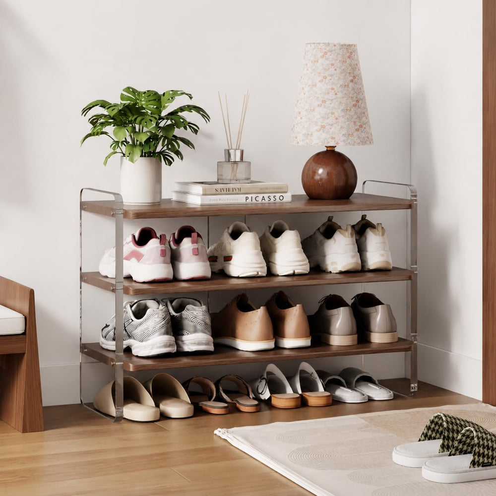 3-Tier Shoe Rack, Wood Acrylic Shoe Shelf, Walnut, 29" W