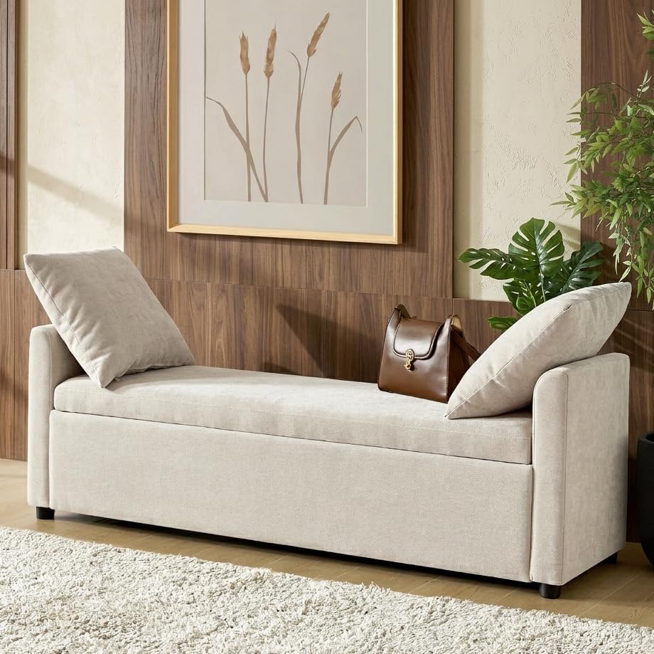 HULALA HOME 59" Storage Bench with 2 Throw Pillows & Armrests, Linen