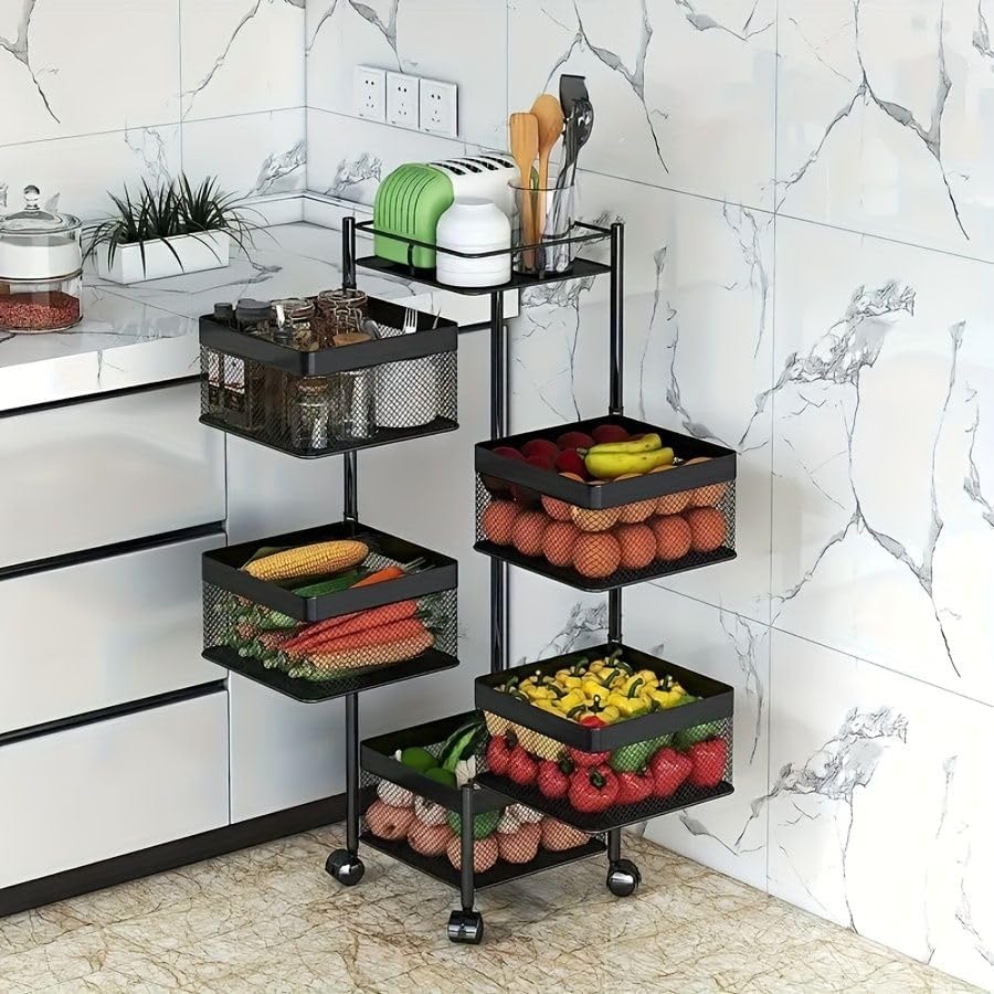 5-Tier Rotating Kitchen Storage Shelf Metal Multi-Layer Vegetable Fruit Baske...