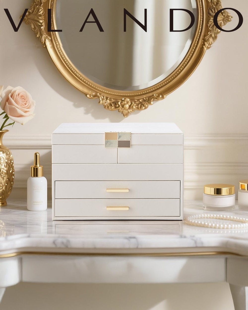 VLANDO Jewelry Box,4-Layer Design with Retractable Tray and 2 Drawers