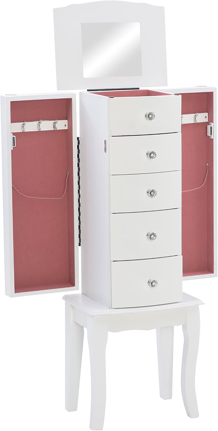 Powell Furniture Jewelry Armoire, White, 13"x 9.375"x 35.5"