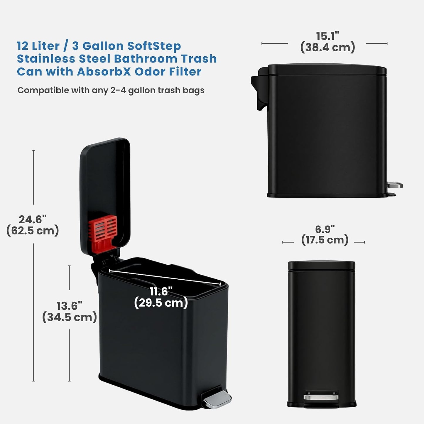 iTouchless 3 Gal Kids Room Wastebasket | Step Pedal Trash Can | Matte Black | Foot-Operated Lid Opens Instantly | Whisper-Quiet AirNova Damper | Removable Liner Bucket | Sleek Finish for Bedroom Decor
