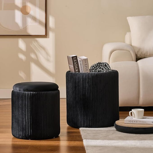 Round Set of 2 Ottoman with Storage-Upholstered Velvet Vanity Stool - Image 2