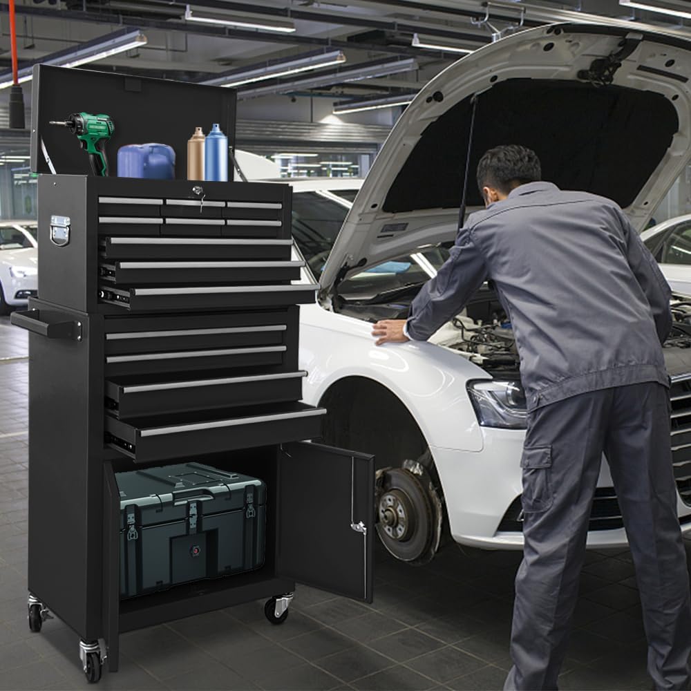 13-Drawer Tool Chest with Double Door and Wheels, 2 in 1 Detachable Rolling T...