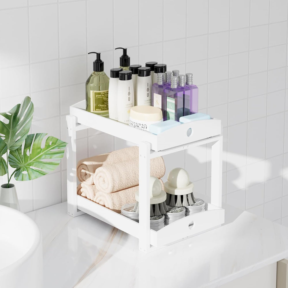 2 Pack Bamboo Under Sink Organizer, 2-Tier Pull-Out Drawers, Kitchen & Bath