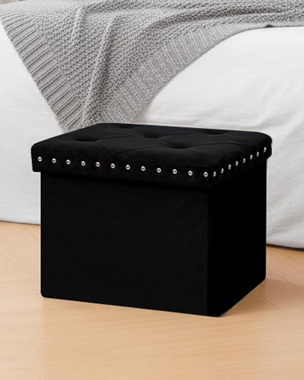 B FSOBEIIALEO Storage Ottoman Cube, 16.5" Velvet Folding Ottoman, Black