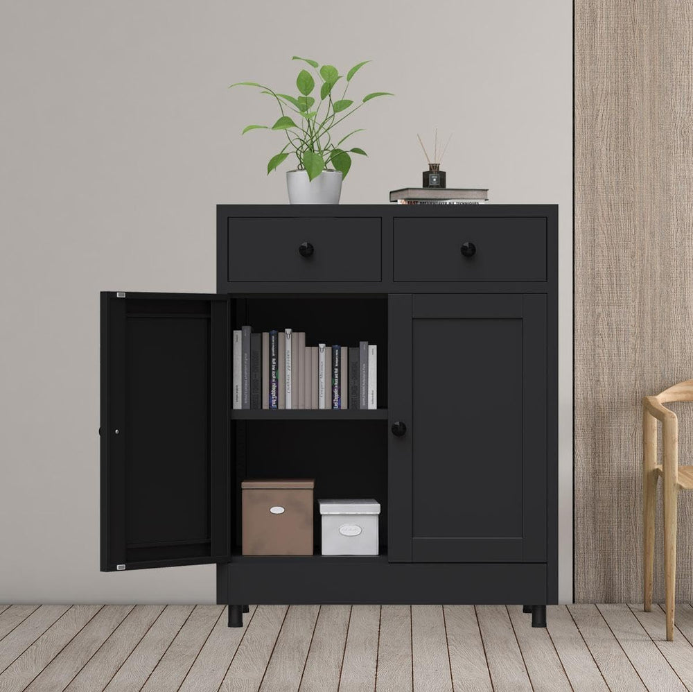 Metal Storage Cabinet with 2 Drawers and Adjustable Shelf, Sideboard Buffet C...