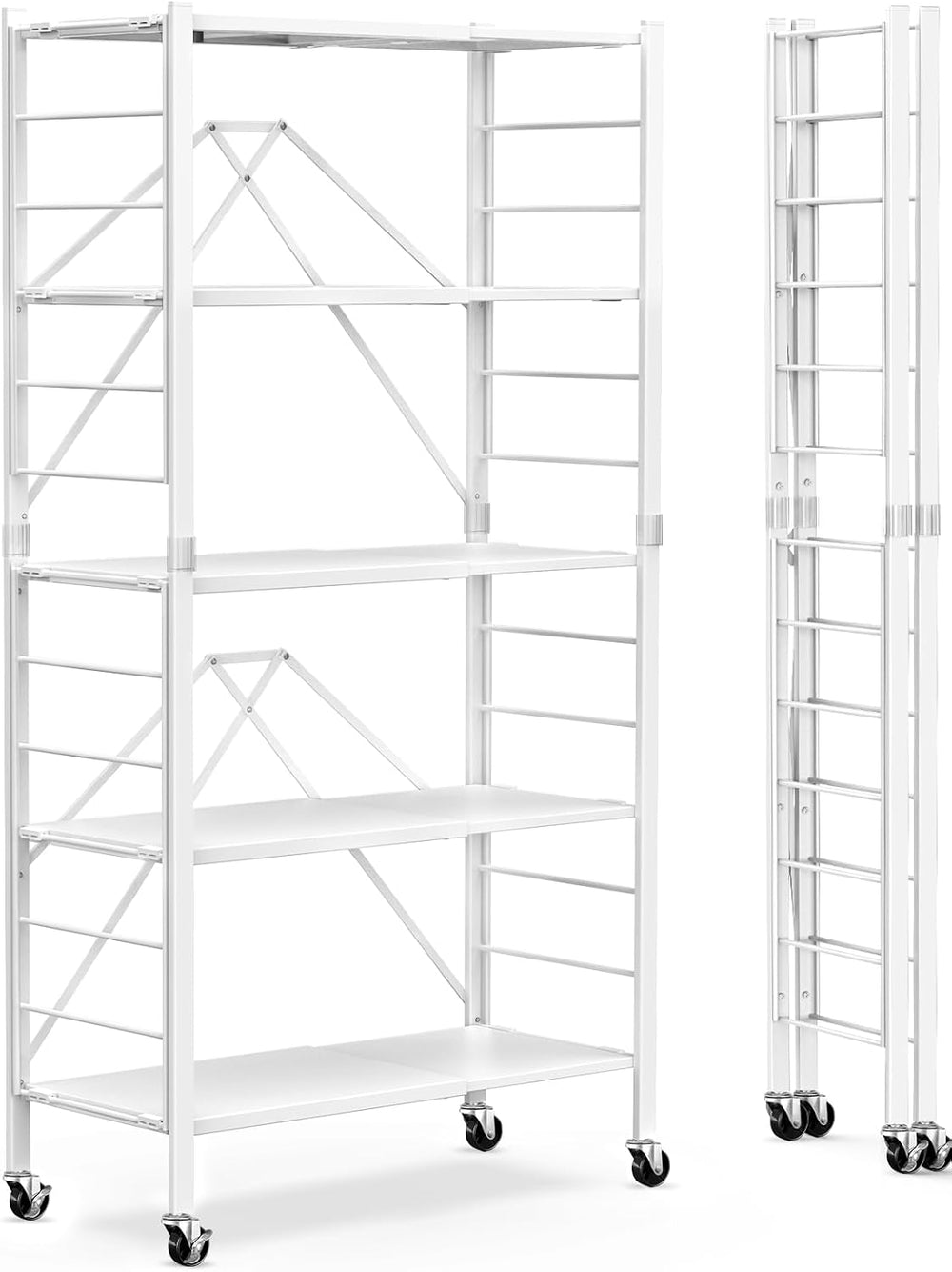 Himix 5-Tier Foldable Storage Shelves with Wheels Expandable Kitchen White