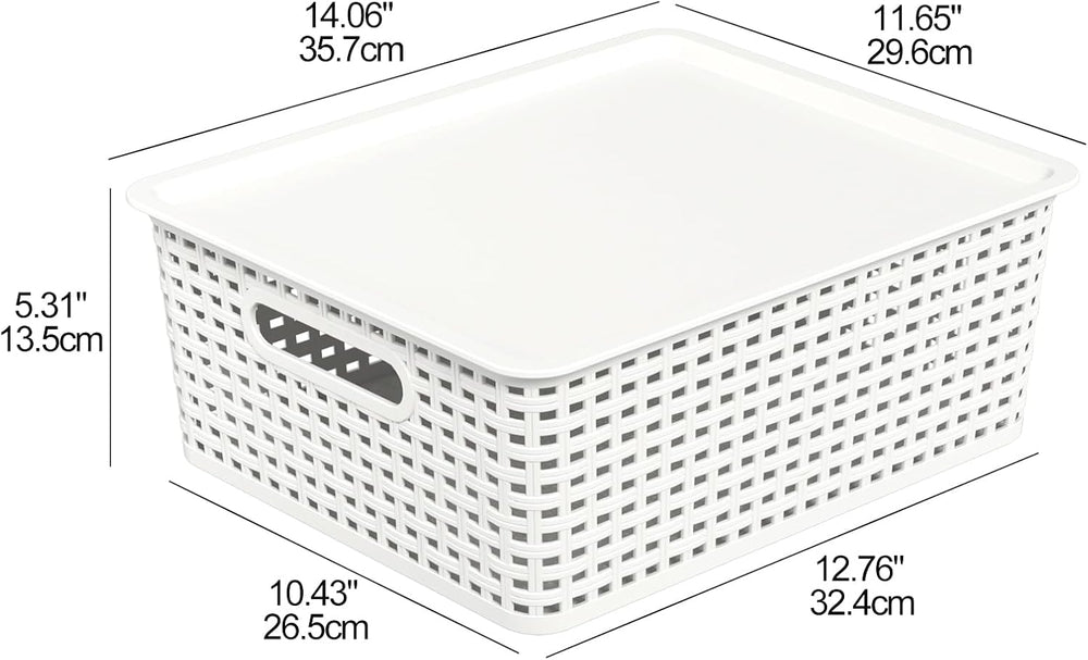Hespama 6 Pack Plastic Weave Storage Basket, Stackable Lidded Organizer Bin