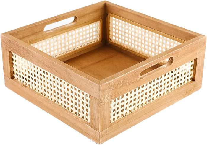 Woven Wooden Basket Wood Storage Crate Box, Bamboo Basket with Built-In Handles for Kitchen Pantry, Cabinet, Office, Bedroom, Rustic Country Decor (Brown)