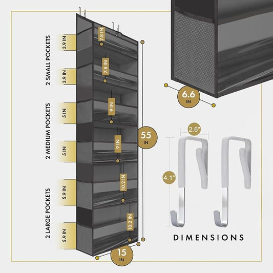 HOMELUX THEORY 1PC Heavy Duty Over the Door Organizer 55x14x6.7, 6 Large Front - Image 2