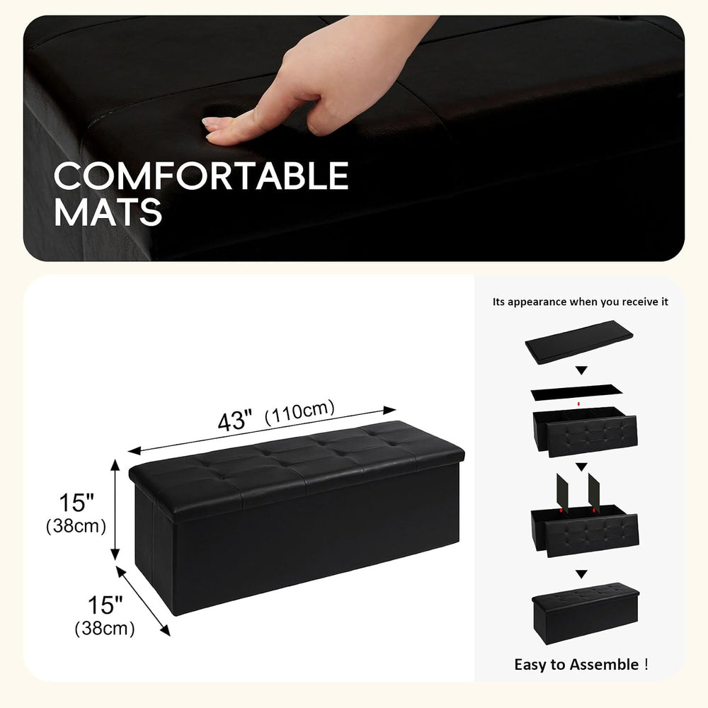 PINPLUS Folding Storage Ottoman Bench, Black Faux Leather