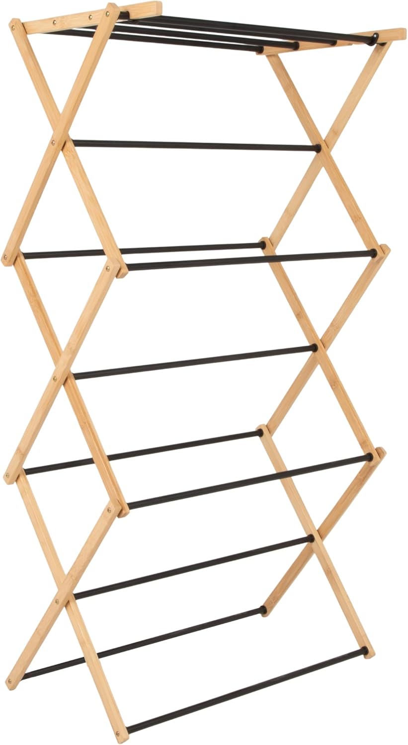 Household Essentials Bamboo Folding Clothes Drying Rack, Compact Upscale Laun...