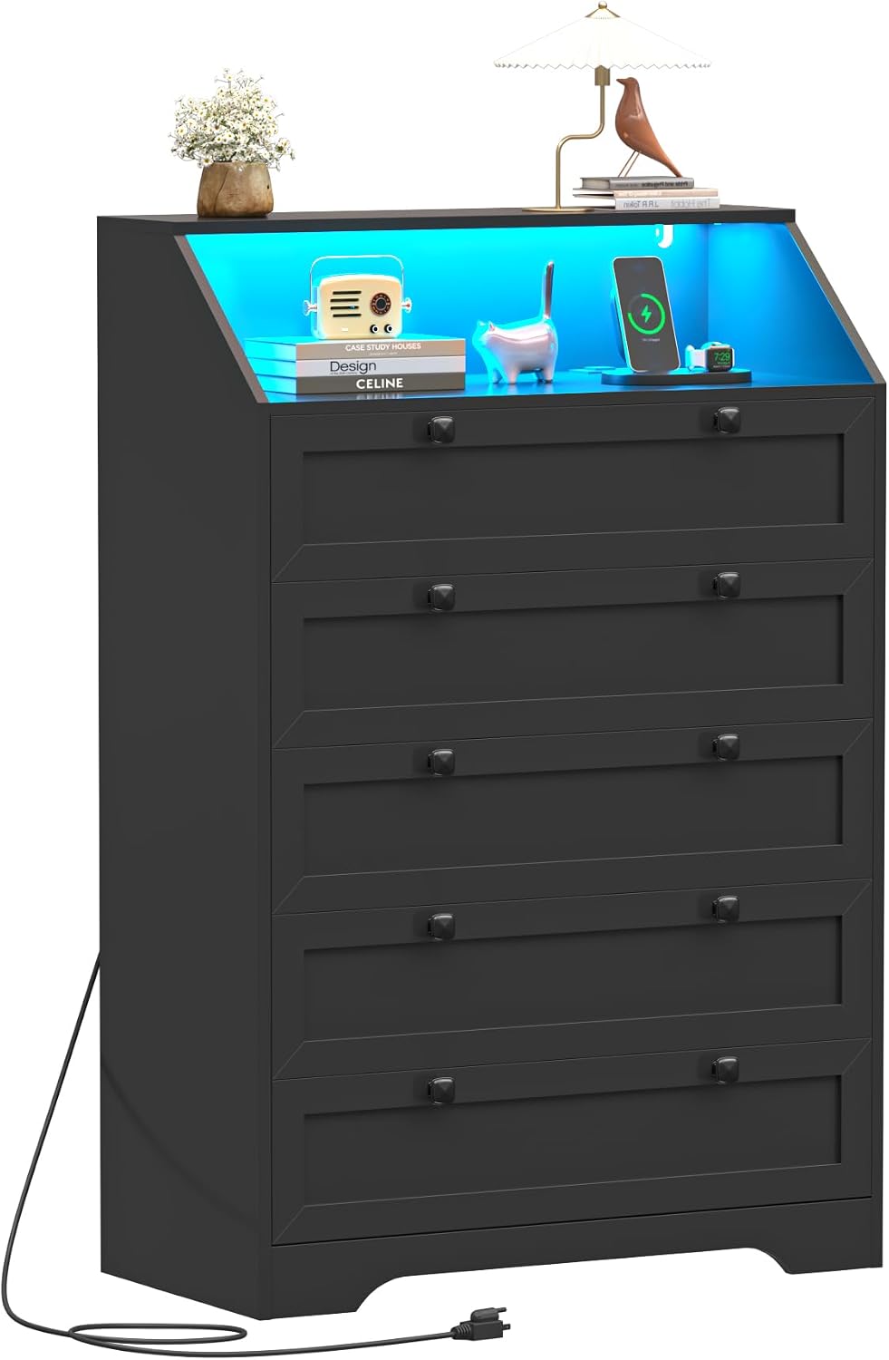 Black Dresser Tall 5 Drawer Dresser for Bedroom, Wood Chest of Drawers with L...