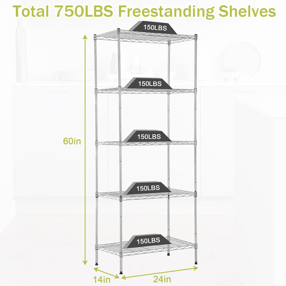 5-Tier Metal Shelving Unit, 750 lb, 24 x 14 x 60 in, Chrome