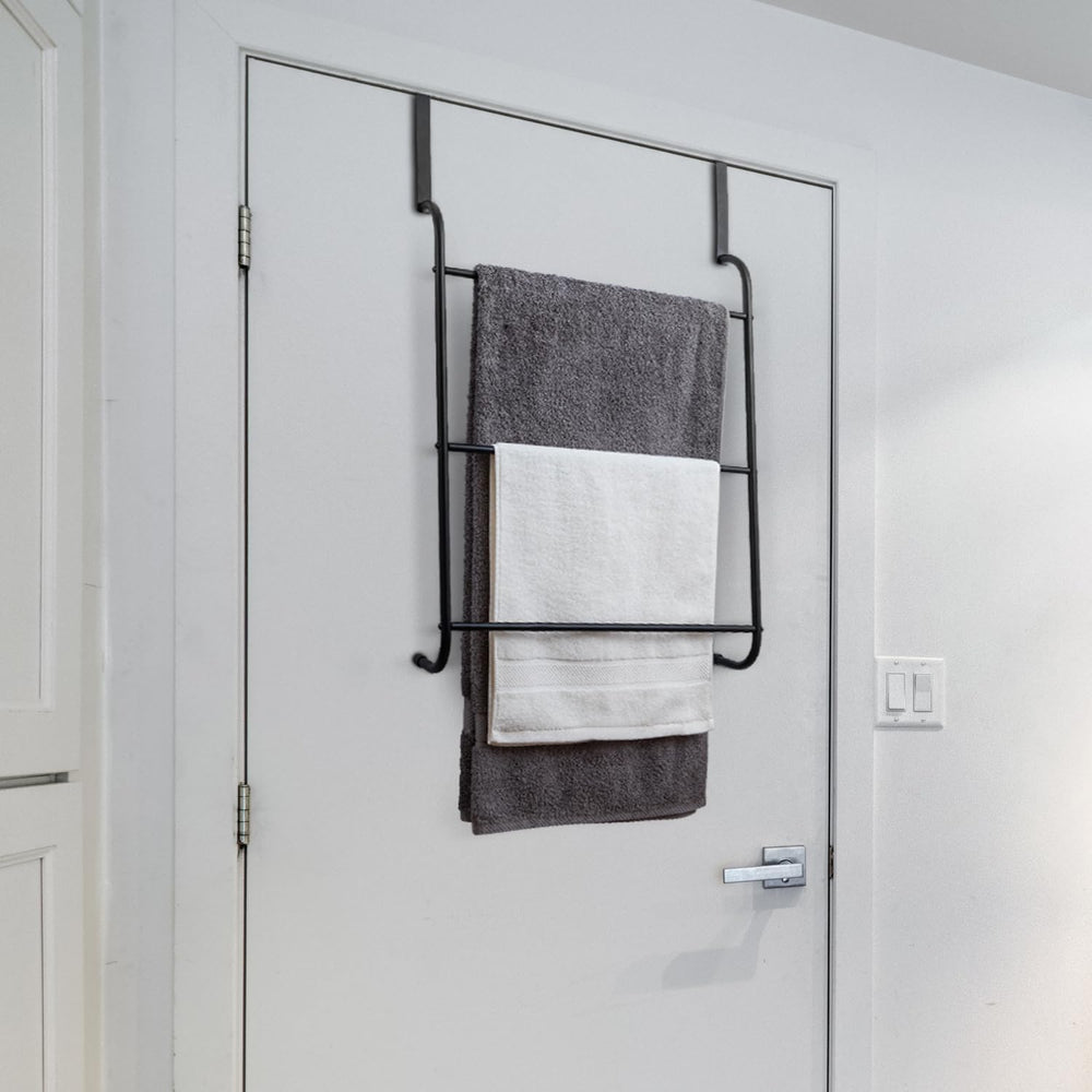 MyGift 3 Tier Over Door Bathroom Towel Rack Matte Black Metal Holder