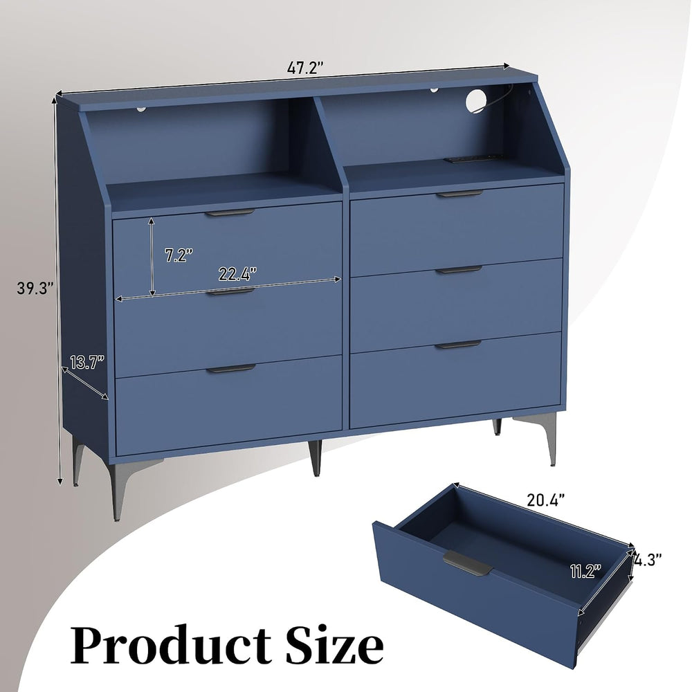 LOUVIXA 6 Drawer Dresser with LED Light, Chest of Drawers with Charging Stati...