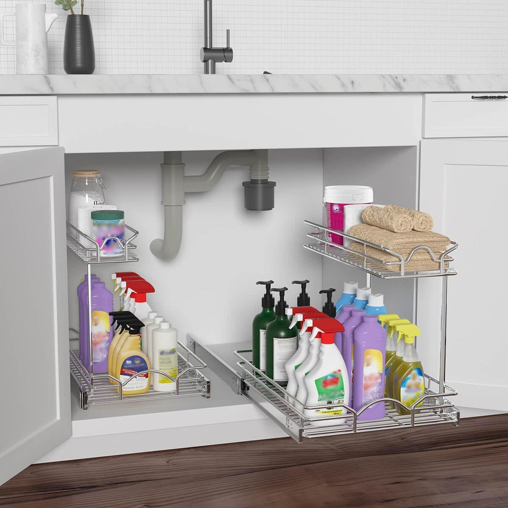 OCG Under Sink Cabinet Organizer Two Tier Pull Out Shelf (14.75W x 17D), Unde...