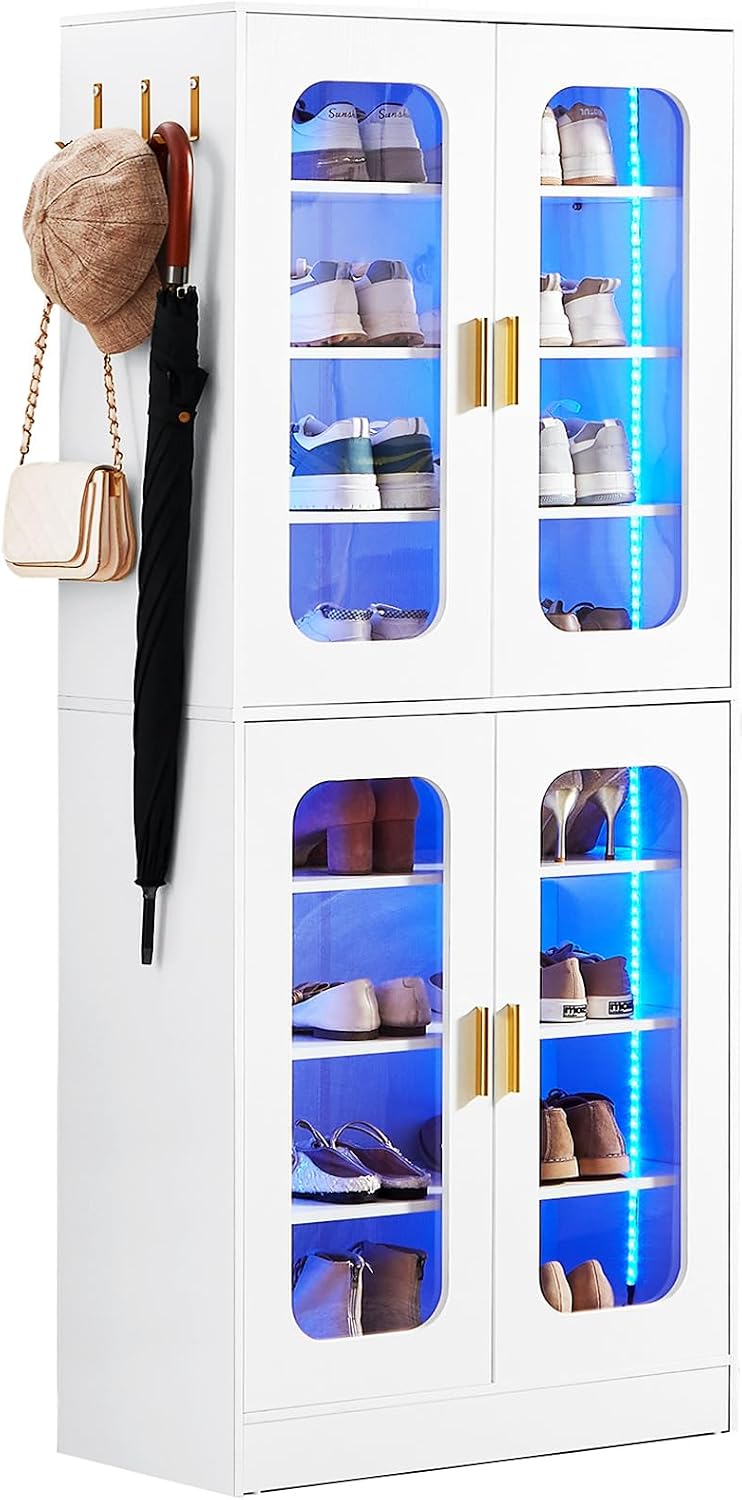 Cyclysio Tall LED Shoe Cabinet with Adjustable Shelves, White