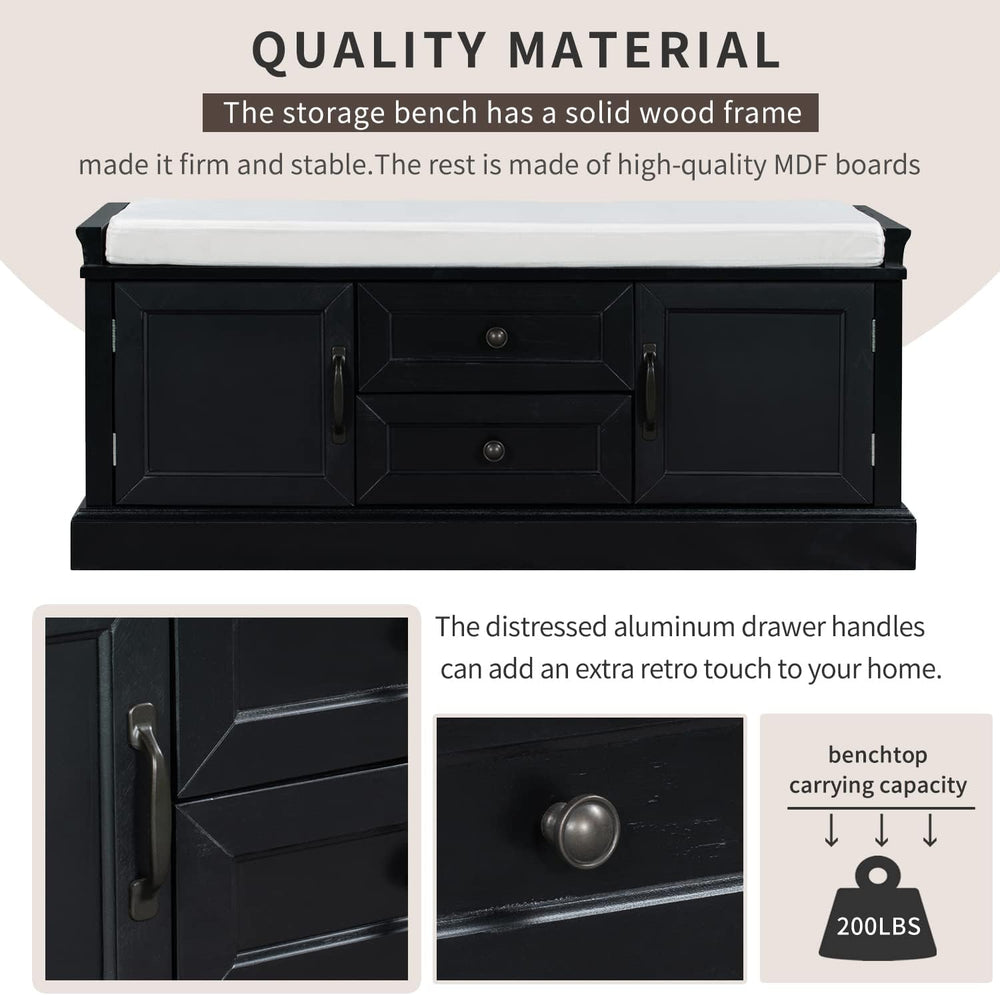 Knocbel 42.5" Storage Bench with Removable Cushion, 2 Drawers and 2 Cabi...
