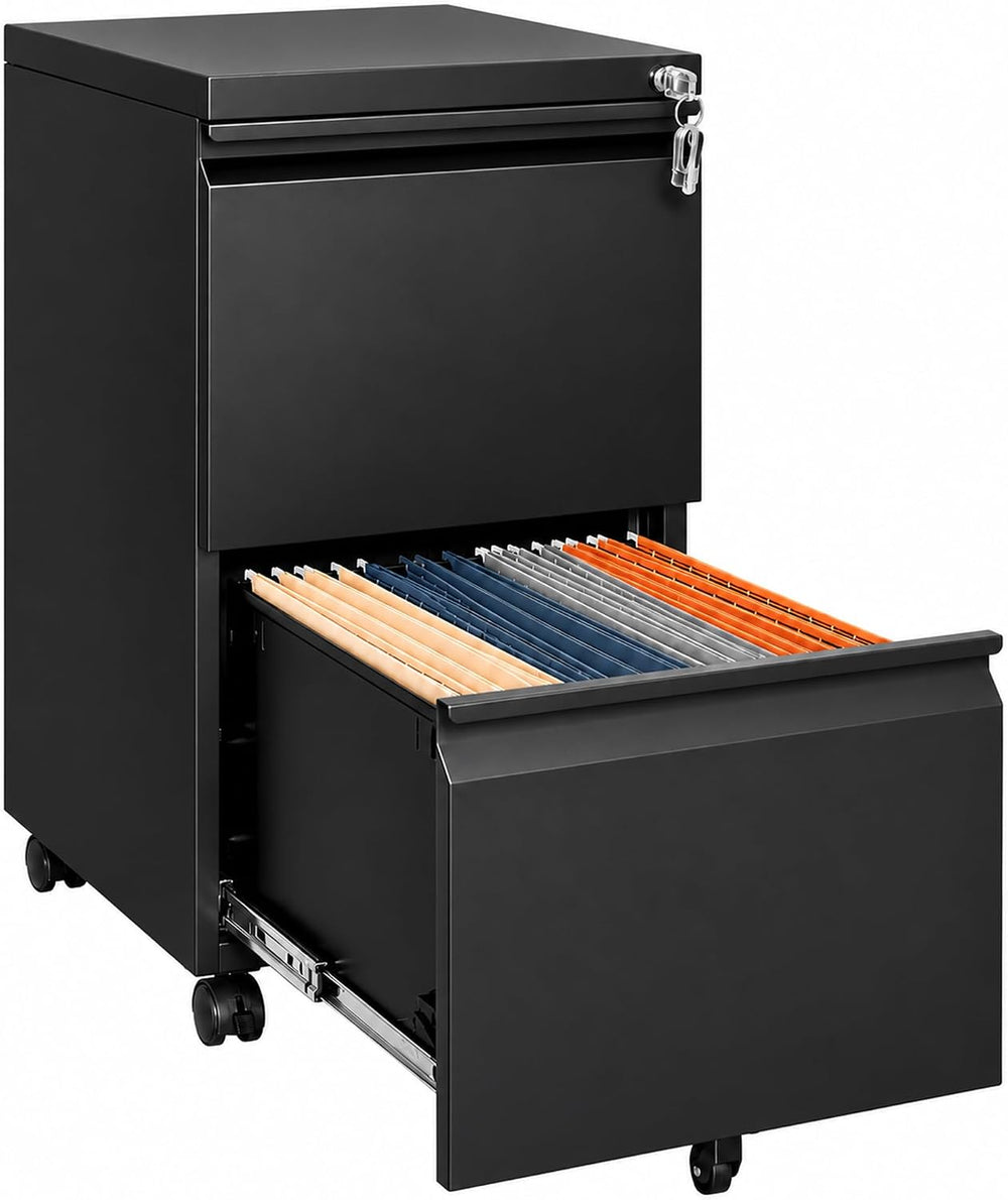 SAWJEC 2 Drawer Rolling File Cabinet Fully Assembled, Black