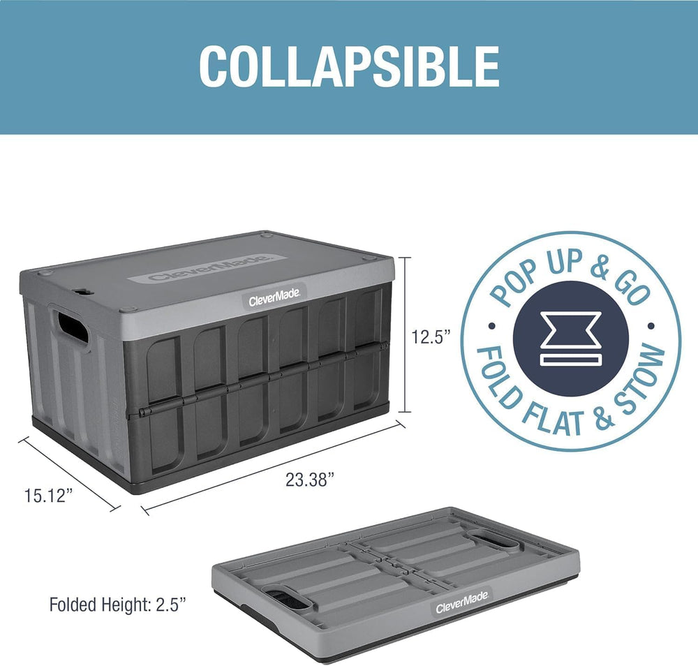 CleverMade Collapsible Storage Bins With Lids, 62L 3 Pack, 100 lb, Obsidian