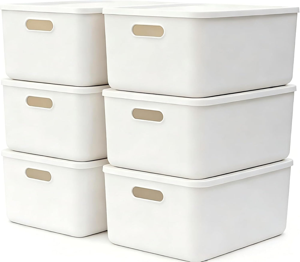 6 Piece Plastic Storage Baskets Boxes with Lids, 11.8x8x4.7 Inch Stackable Or...