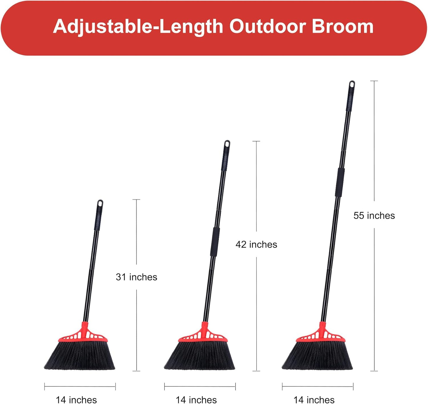 Tiumso Heavy Duty Angle Broom - 55" Adjustable Iron Handle with Stiff Bristles - Commercial-Grade Indoor/Outdoor Broom for Garage, Patio, Kitchen, Sidewalk & Concrete Cleaning (Black & Red)