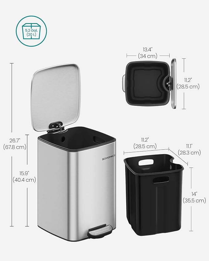 SONGMICS Kitchen Trash Can, 5.2-Gallon Trash Bin, Stainless Steel Garbage Can - Image 7